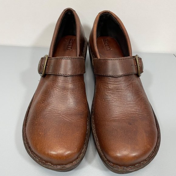 Born Clogs Shoes Buckle Harness Slip On Leather Brown Wedge Heel Womens 11 - Picture 2 of 12